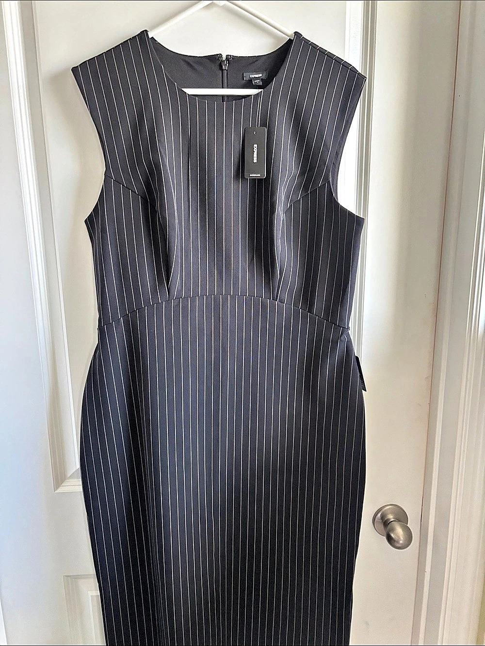 Express Pinstripe Crew Neck Cap Sleeve Midi Sheath Dress